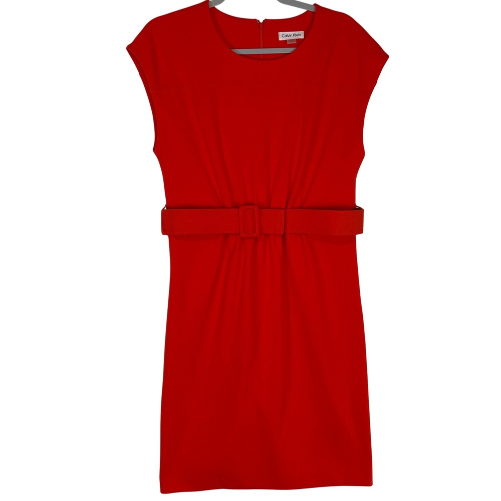 Calvin Klein Womenβ Red Cap Sleeve Belted Sheath Dress Size 8